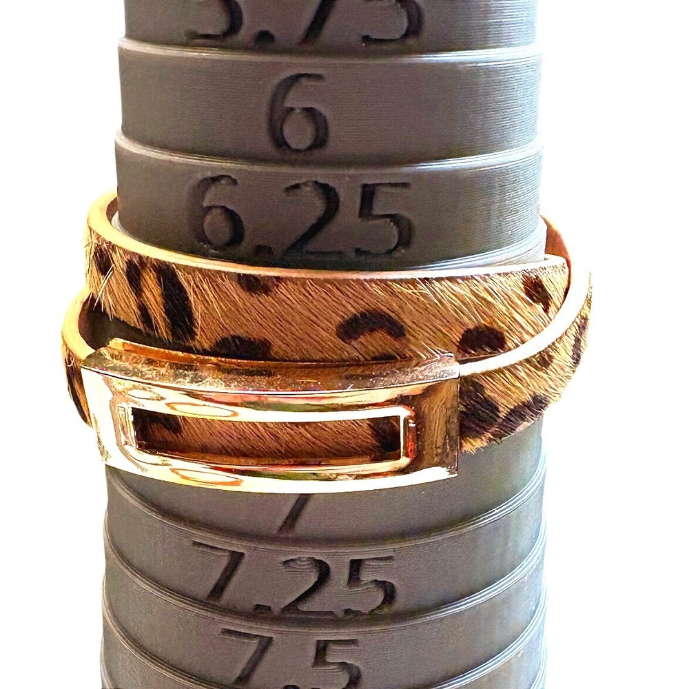 Leopard Calf Hair Wrap Bracelet Women's Gold Tone Animal Print Bar Leather Wrap